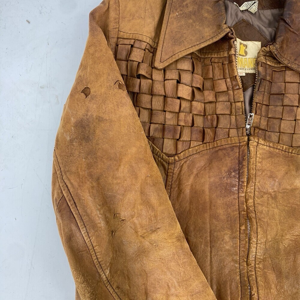Vintage 70's Bermans Leather Experts Basketweave Brown Leather Jacket Size 38 - Picture 3 of 15